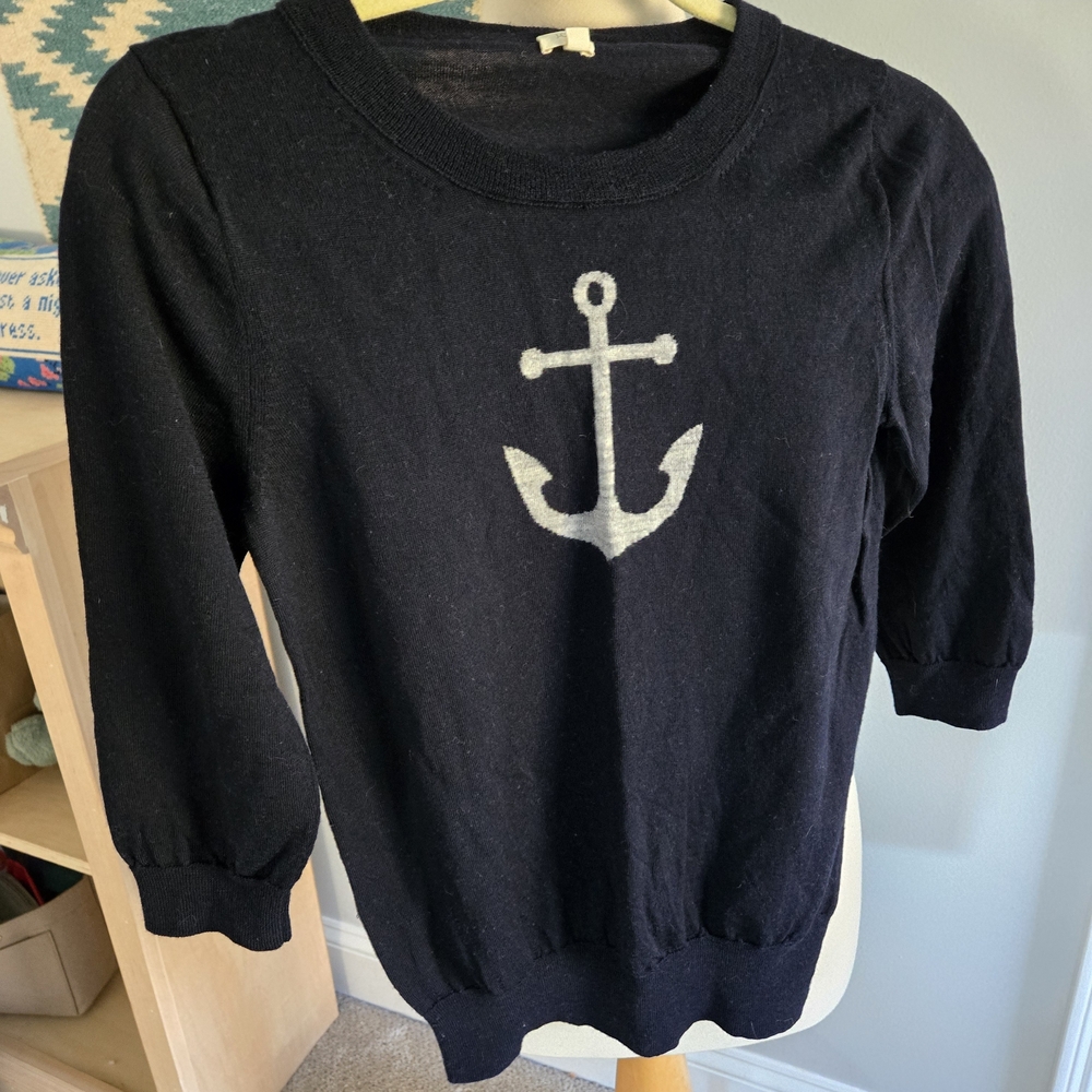 J. Crew Navy Anchor Sweater Women's Size Medium Crew Neck 3/4 Sleeve